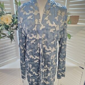 Nicole Miller Gray and Cream Linen Top LG New 1363